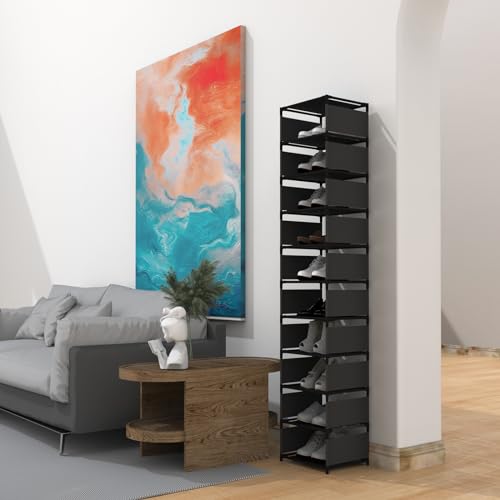 Vertical Narrow Tall Shoe Rack for front Door Entrance,10 Tiers Sturdy Metal Shoe Rack Organizer for Closet Entryway, 10-15 Pairs of Shoes and Boots Storage Shelf, Space Saving Stackable Shoe Rack
