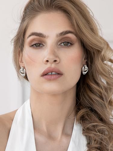 SWEETV Silver Statement Geometric Dangle Drop Earrings for Women, Trendy Chunky Twisted Knot Link Earring Dupes, Fashion Women's Stud Earrings Jewelry Gift,Silver