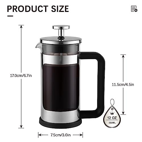 wedrink French Press Coffee Maker, Thicken Heat-Resistant Borosilicate Glass and 304 Stainless Steel Coffee Press for camping travel gifts(12oz, 350ml)