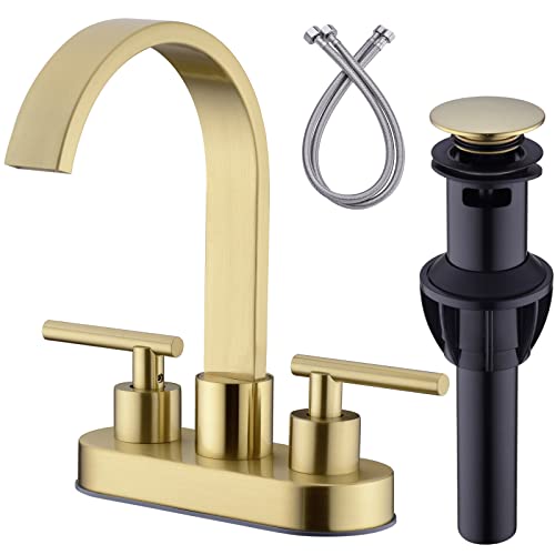 DIKUROOMS 4 Inch Centerset Bathroom Sink Faucet 2 Handle Vanity Basin Faucets with Overflow Pop-up Drain Assembly and cUPC Water Supply Lines, 360 Degree Swivel Square Spout, Brushed Gold