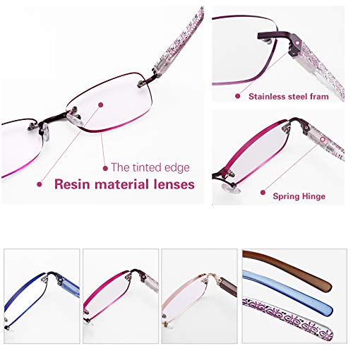 FEIVSN 3-Pack Rimless Reading Glasses For Women, Lightweight Spring Hinge Readers, Classic Elegant Artistic Eyeglasses UV 400 (Red 4.0 Etc)
