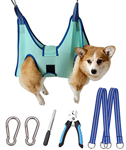Kkiimatt Dog Grooming Hammock Pet Grooming Hammock 2023 New Edition Medium Dog Hanging Harness Holder for Nail Clipping,Dog Nail Trimming Hammock,Dog Grooming Sling (Large 42 LB Max/Turquoise)
