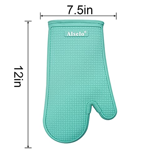 Alselo Oven Mitts Heat Resistant Silicone Kitchen Gloves for 550 Degrees with Waterproof and Non-Silp, Set of 2 Oven Gloves for Baking Cooking Barbecue Microwave Machine Washable (Blue, 2)