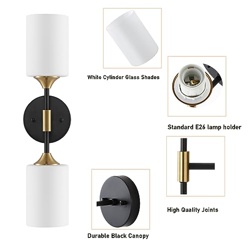BYOLIIMA Industrial Mid Century Wall Sconce 2-Lights with White Cylinder Glass Shades Modern Bathroom Vanity Wall Lamp Matte Black and Gold Brushed Brass Finished Wall Light Fixture