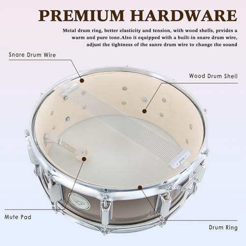 EASTROCK Snare Drum Set 14X5.5 Inches for Student Beginners with Gig Bag, Drumsticks, Stand, Drum Keys, Coated Material Drum Head, Champagne