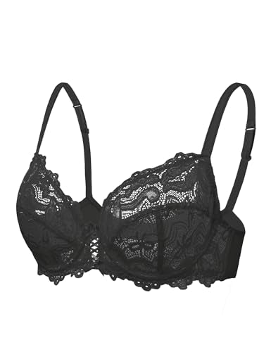Wingslove Women's Sexy Lace Bra Non Padded Underwire Unlined Bra Full Coverage Plus Size Lace Bralette (Black, 36B)