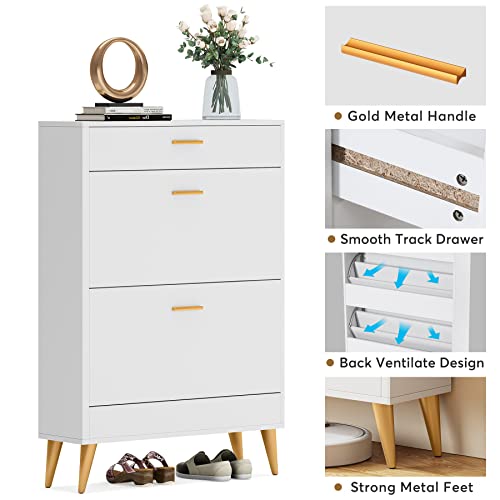 Tribesigns Shoe Cabinet, White Shoe Storage Cabinet with 2 Flip Doors and Drawer, Modern Narrow Shoe Organizer Rack for Entryway, Closet (White)