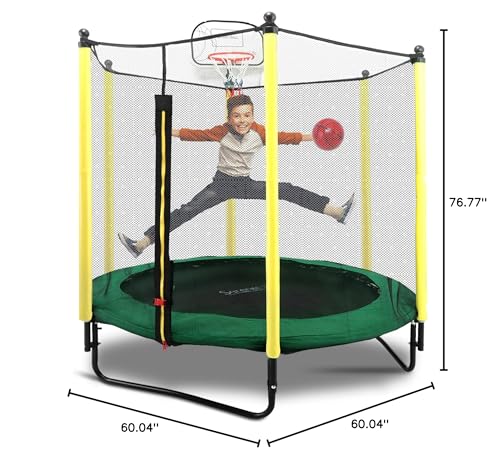SereneLife 5ft Outdoor and Indoor Mini Toddler Trampoline with Enclosure Safety Net Basketball Hoop Jumping Fun Trampoline for Kids/Children, Basketball Hoop, Net Cage, Bday Gifts for Boys/Girls