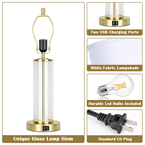 Modern Touch Control Table Lamps with 2 USB Ports for Living Room Set of 2, 3-Way Dimmable Bedside Lamps with White Shades & Clear Glass for Bedroom Nightstand Hotel, Daylight 5000K LED Bulbs Included