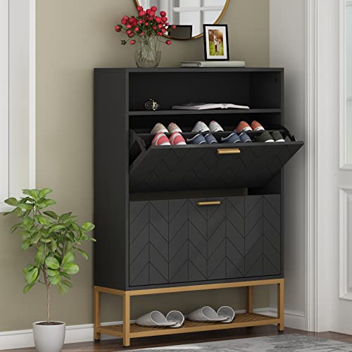 Loomie Shoe Cabinet, Free Standing Tipping Bucket Shoe Rack Organizer with 2 Flip Drawers,Entryway Narrow Shoe Storage with Shelf & Top Cubby,Modern Slim Hidden Cabinet With Doors (Black)