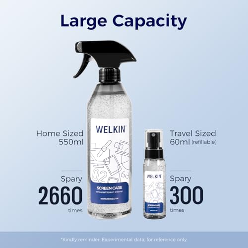 WELKIN Screen Cleaner Spray Kit(250ml + 60ml)- Cleaning Gel for TV, Laptop, Computer, Phone Touchscreen -2 Sprayers,1 Microfiber Cloth & 1 Glass Wipe