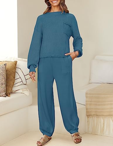 ZESICA Women's 2 Piece Outfits Sweater Set Long Sleeve Mock Neck Knit Pullover Top High Waist Pant Tracksuit Lounge Sets,White,Small