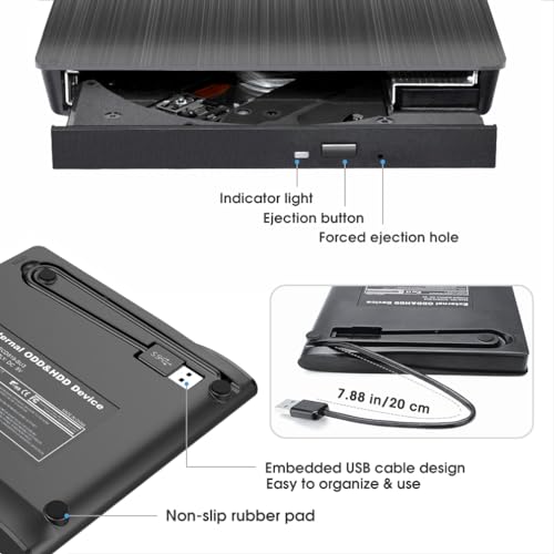 ROOFULL External CD DVD Drive USB 3.0 Portable DVD & CD-ROM +/-RW Player Burner Reader Writer Rewriter Adapter Optical Disc Drive for Laptop PC Windows 11/10/8/7 Mac Linux Desktop Computer