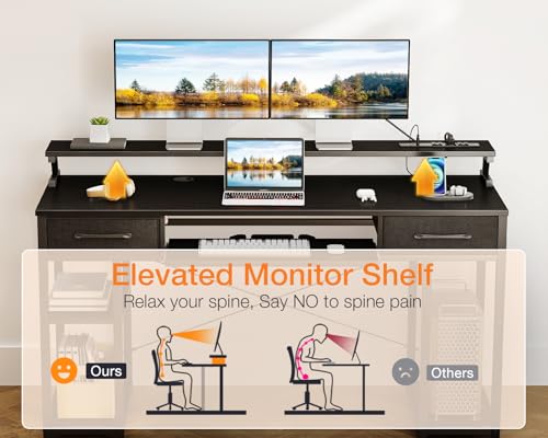ODK Computer Desk with Drawers, 55 Inch Office Desk with Power Outlet and Keyboard Tray & Storage Shelves & PC Stand, Office Table Work Desk with Monitor Stand, Black