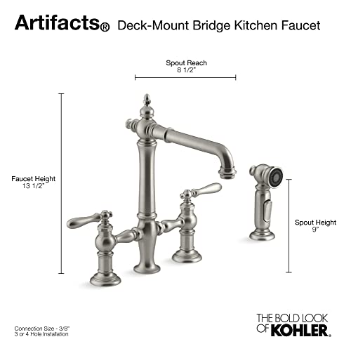 Artifacts deck-mount bridge kitchen sink faucet with lever handles and sidespray