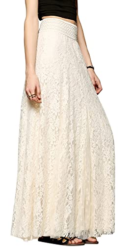 CHARTOU Womens Elegant Floral Lace Elastic High Waist Pleated Maxi Long Beach Skirts (X-Small, Beige)