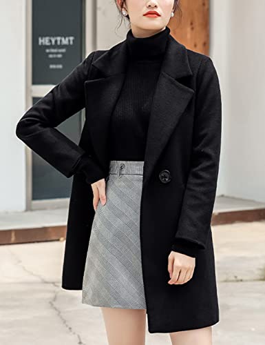 Tanming Womens Elegant Notched Collar Button Wool Blend Solid Long Pea Coat Overcoat (Black-S)