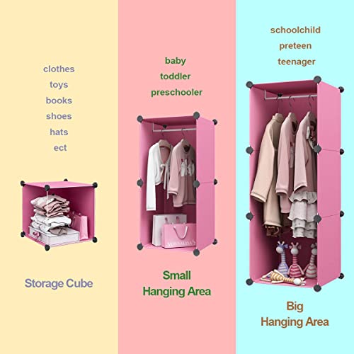 MAGINELS Kids Wardrobe Closet,Baby Closet Cabinet with Door.Baby Girls Closet Armoires Organizer for Bedroom.The Open Hanging Children Costume Area and 6 Cube Stroage.Pink(28x14x56inch)