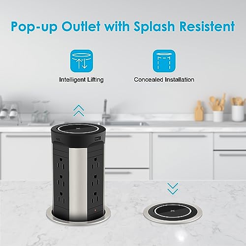 HEZI 4" Pop Up Countertop Outlet with 15W Wireless Charger, Max 45W Power Delivery,15A Tamper Resistant 1200J Surge Protection, Pop Up Electrical Receptacle with 12AC 2 USB-A 2 USB-C for Home Office