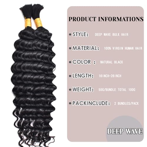 Human Braiding Hair For Boho Braids Human Hair Bundles Deep Wave Bundles 100g(2 Bundles/Pack) Human Braiding Hair Extensions No Weft 100% Brazilian Virgin Curly Braiding Hair (27#, 18Inches)