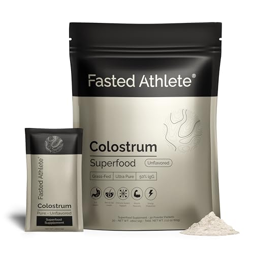 Fasted Athlete Colostrum Supplement for Gut Health, Grass Fed Colostrum Powder, 50% IgG, Skin & Hair, Muscle Recovery, Immunity, Energy - Unflavored, 30 Serving Packets