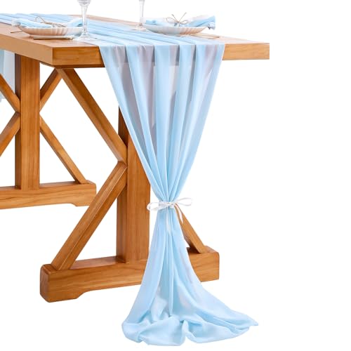 Blue Chiffon Table Runner 27x120 Inches 1 Piece Romantic Sheer Fabric for Birthday Party Baby Shower Cake Table Decoration