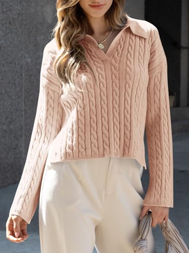 Saodimallsu Womens Cable Knit Sweater V Neck Collar Fall Trendy Long Sleeve Slouchy Loose Pullover Sweaters Tops Beige