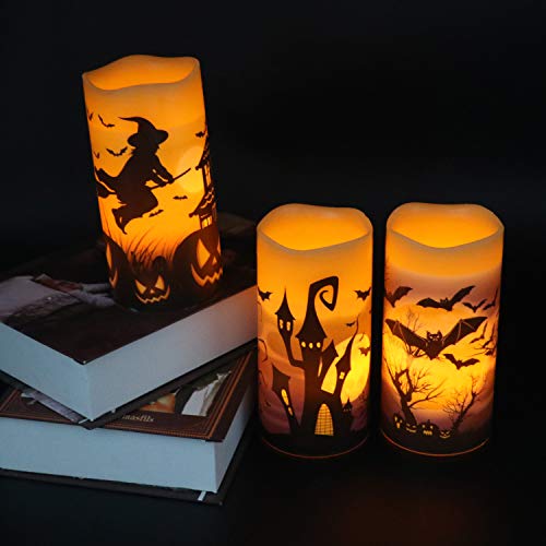 Eldnacele Halloween Flameless Candles, LED Flickering Battery Pillar Candles with 6H Timer and Pumpkin Decals, Spooky Fall Halloween Festival Party Decoration Set of 3 (D 3β x H 4β 5β 6β)