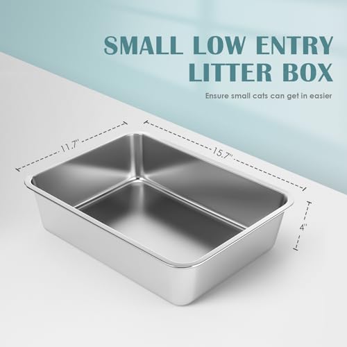 IKITCHEN Stainless Steel Cat Litter Box, Small Low Entry Open Metal Litter Pan for Kittens Newborn Cats Rabbits, Never Absorbs Odors 15.7" L x 11.7" W x 4" H