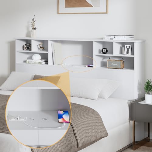 AYEASY King Size Headboard only for Bedroom, Stylish King Bookcase Headboard with Built-in Charging Station & 2 LED Lights, Noise-Free King Wood HeadBoard with Storage, Bookshelf Headboard Black