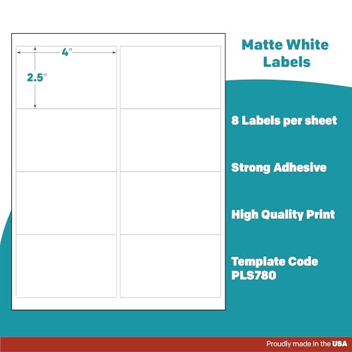 Premium Label Supply White Sticker Shipping/Mailing Labels – 4" x 2.5" – Laser/Inkjet Compatible – (8 per Sheet), 25 Sheets – 200 Total Adhesive Labels