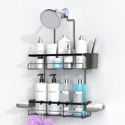 AKTECKE Shower Caddy Hanging Bathroom Organizer: Rustproof Shower Shelf for Inside Shower - No Drilling Shower Racks Over Showerhead - Bath Shower Shelves Rack for Shampoo Soap Black