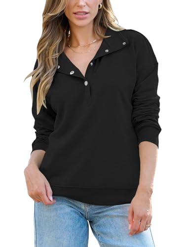 Poetsky Casual V Neck Sweatshirt for Teens Button V Neck Long Sleeve Pullover Hoodies Loose Fit Lake Blue S