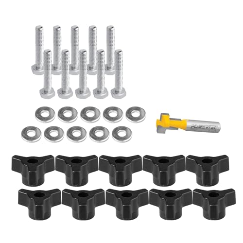 POWERTEC 72091 T Track Knob Kit with T Slot Router Bit, 1/4-20 x 1-1/2" Hex Bolts, Washers, Knobs and Carbide Tipped Router Bit 7/16" Dia. x 3/16" H x 1/4" Shank, T Track Accessories