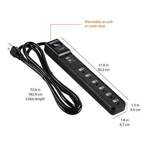 Amazon Basics Rectangular 6-Outlet Surge Protector Power Strip with 2 USB Ports - 1000 Joule, Black, 6 ft