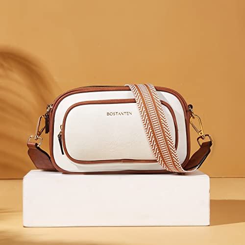 BOSTANTEN Crossbody Bags for Women Leather Cell Phone Purse Shoulder Handbags with Wide Strap Beige with Brown