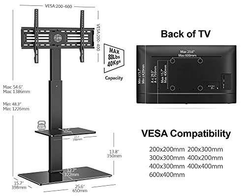 FITUEYES Swivel Floor TV Stand with Mount for TVs 37 43 50 55 60 65 70 75 Inch LCD LED Flat/Curved Screens Universal Swivel Televisions TV Mount Stand for Bedroom Living Room Black Tempered Glass Base