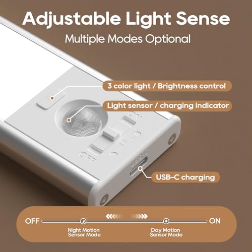 Under Cabinet Lighting, 2 Pack 8 Inch 62 LED 3 Color Temperatures Motion Sensor Light indoor, USB Rechargeable Under Cabinet Lights, Stick-On Magnetic Closet Lights, Led Lights for Room, Stair