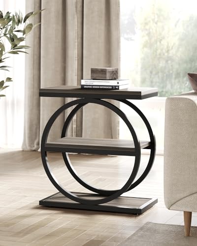 LITTLE TREE End Table, 3-Tier Side Table, Slim Sofa Side Table for Living Room, Tall Bedside Table Nightstand for Bedroom, Grey and Black