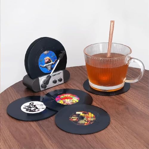 Funny Retro Vinyl Record Coasters, Creative Drink Coasters Set of 6 with Vinyl Record Player Holder for Music Lovers, Housewarming Hostess Gifts, Birthday and White Elephant Gifts Ideas