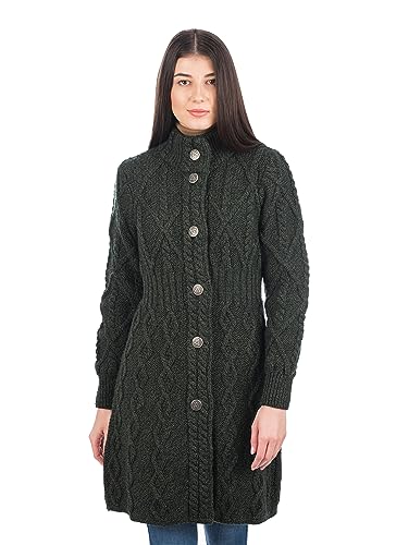 SAOL 100% Merino Wool Aran Cable Long Knit Women Cardigan Coat with Celtic Knot Buttons (Army Green, X-Small)