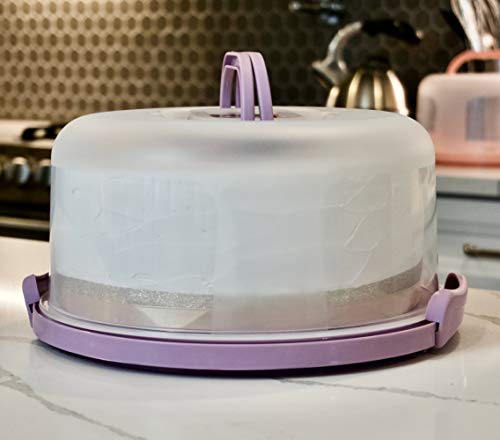 Top Shelf Elements Round Cake Carrier Two Sided Cake Holder Serves as Five Section Serving Tray, Portable Cake Stand Fits 10 inch Cake, Cake Box Comes With Handle, Cake Container Holds Pies (Lilac)