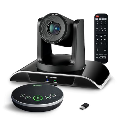 TONGVEO All-in-One Conference Room Video Camera System Bundle HD 1080P 60fps 3X Optical Zoom USB3.0 HDMI PTZ Camera and Bluetooth Conference Speakerphone with Microphones