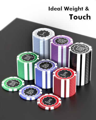 Poker Chips with Denominations, 300-pcs 11.5g Weighted Numbered Casino Chips Set, 5 Dice, 2 Decks with Compact Aluminum Case for Texas Hold'em, Blackjack, Age 8 and Plus