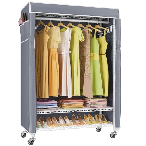 VIPEK R1C Plus Garment Rack Rolling Clothes Rack with Locking Wheels, Heavy Duty Clothing Rack Portable Closet with Adjustable Shelves & Side Hooks, White Rack with Grey Upgraded Polyester Cover