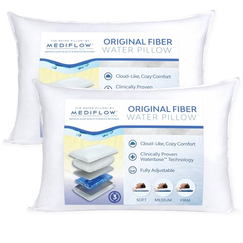 Mediflow Fiber Water Pillow - Adjustable Pillow for Neck Pain Relief, Pillow for Side, Back, and Stomach Sleepers, The Original Inventor of The Water Pillow, Clinically Proven Bed Pillow (2 Pillows)