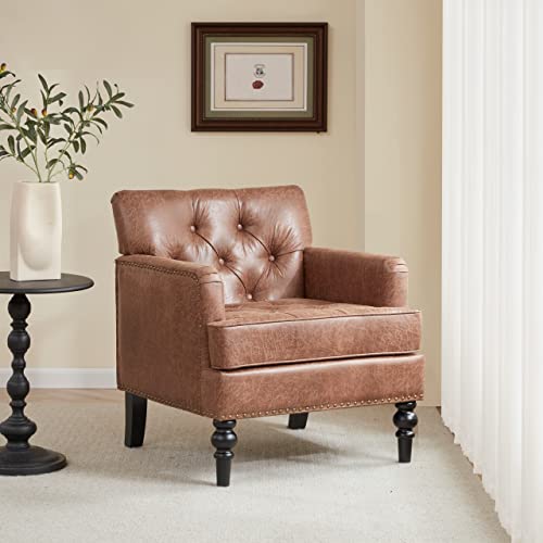 Iroomy Accent Chair for Living Room, Mid Century Modern Armchair with Thick Cushion and Wood Frame, Comfy Reading Sofa Chair for Bedroom, Brown