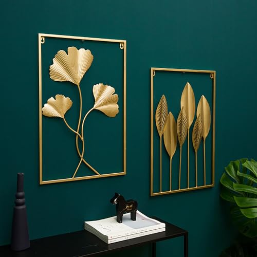 YZDTECH Large Gold Metal Wall Decor, 24" X 16" Golden Leaf Wall Hanging Decor with Frame, Wall Ornaments, Golden Metal Art Wall Sculpture for Living Room, Office, Home, Hotel