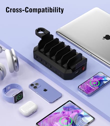 95W Charging Station for Multiple Devices, 6-Port USB Charging Dock with 2 PD Ports, Multi Charging Station Compatible with MacBook,Cellphones, iPad, Kindle, Tablets (Includes 8 Cables & 2 Stands)