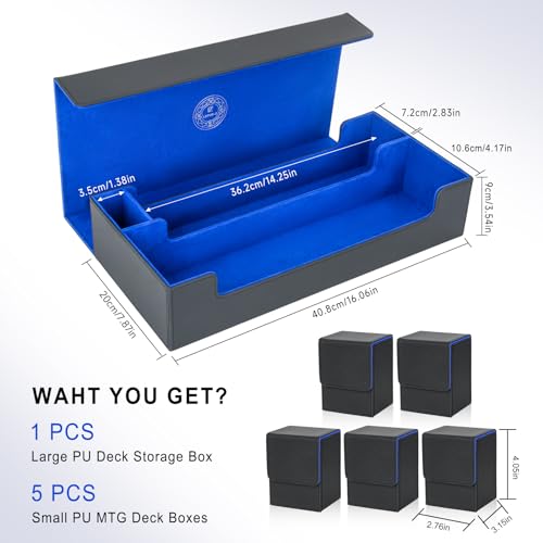 6 in1 Card Deck Box Set,X-Large Premium Trading Card Storage Case with 5 Small Box,Magnetic Game Deck Display Case Compatible with MTG/TCG/Yugioh/Magic/Commander(Black&Blue)